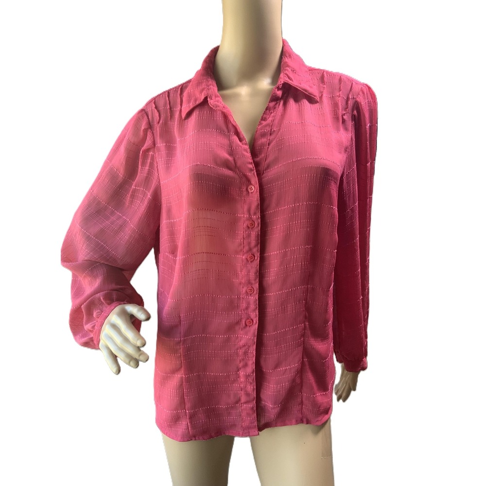 Women Hot Pink Plaid Long Sleeve Collared Button Up Top 1X Lightweight Minimalis